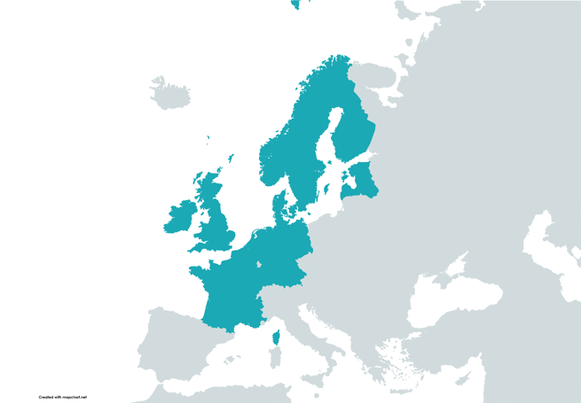 Kort over Europa med Dstnys nærmarkeder markeret